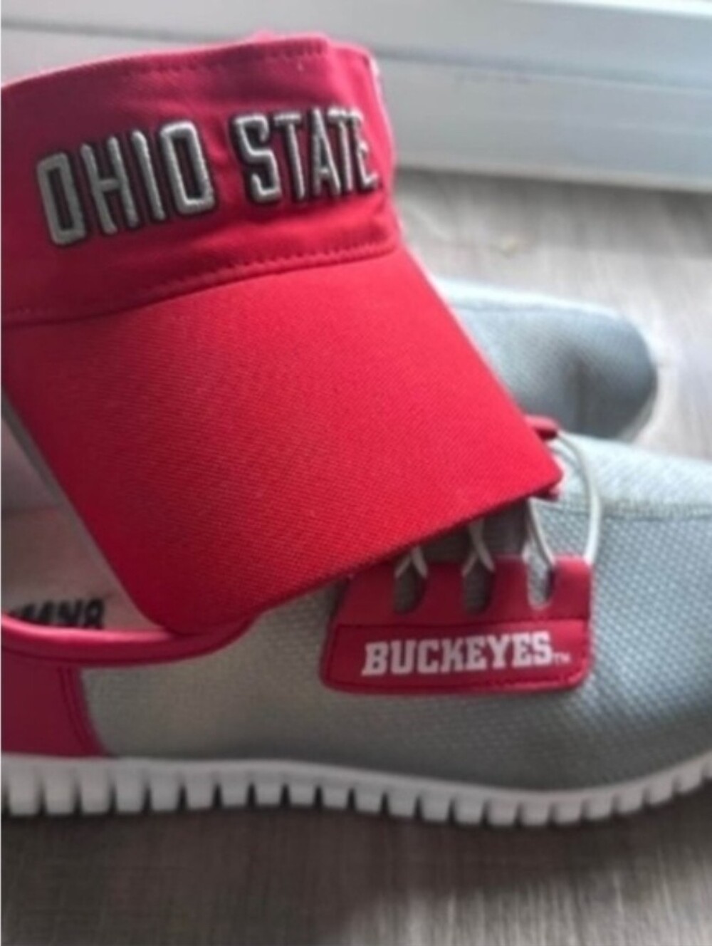 Hat + Buckeyes Gray and Red Athletic Shoes 12